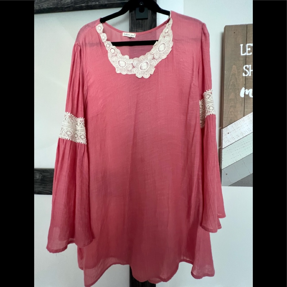 Indigo Soul Tunic Pink & Ivory Lace Boho Style Long bell Sleeve